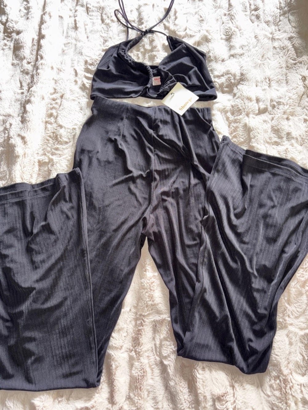 Showpo Black Ribbed Halter Top and Pants Set